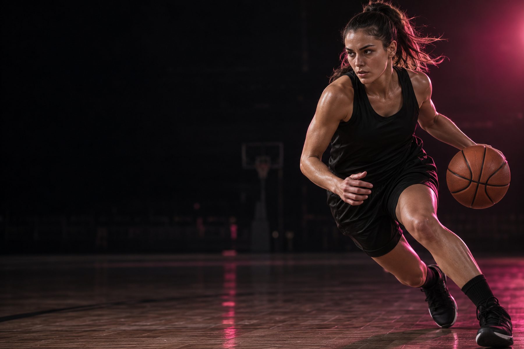 Basketball athlete driving toward the basket